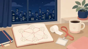 相関図を描いたノートと包帯、社員証、夜景が見える机のイラスト（ドラマ溺愛のキャスト・相関図考察のアイキャッチ）