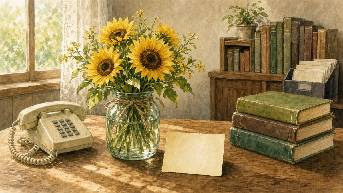 ひまわりの花束と古い電話、法律書が置かれた事務所の机のイラスト（朝ドラ『ひまわり』の記事アイキャッチ）