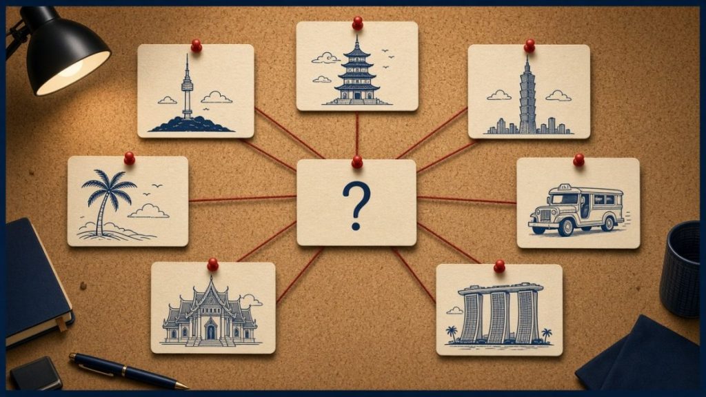 7都市の名所を描いたカードが赤い糸で中央のはてなマークにつながる、kiDnap GAMEの7人の参加者を表す相関図風イラスト